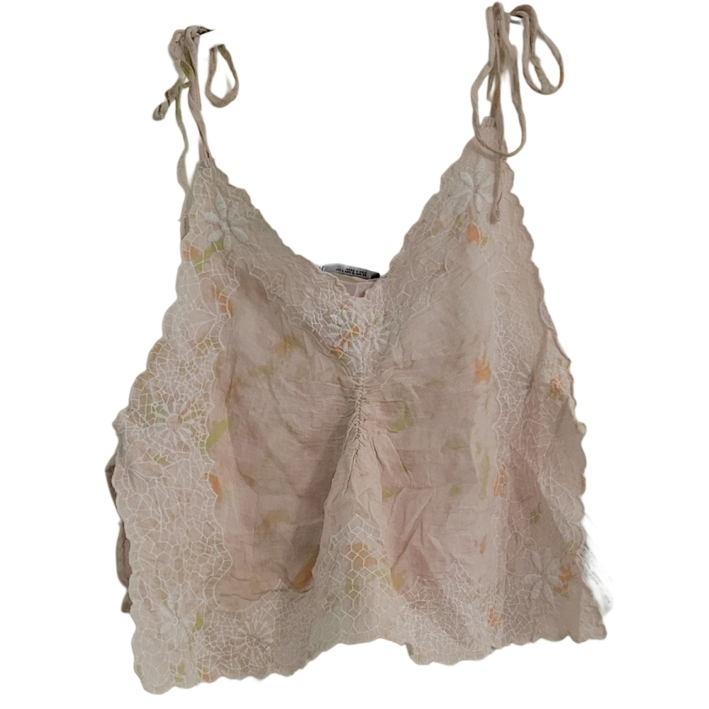 Zara Women's Tank Top Small Pink Cropped Watercolor Embroidered Tied Straps